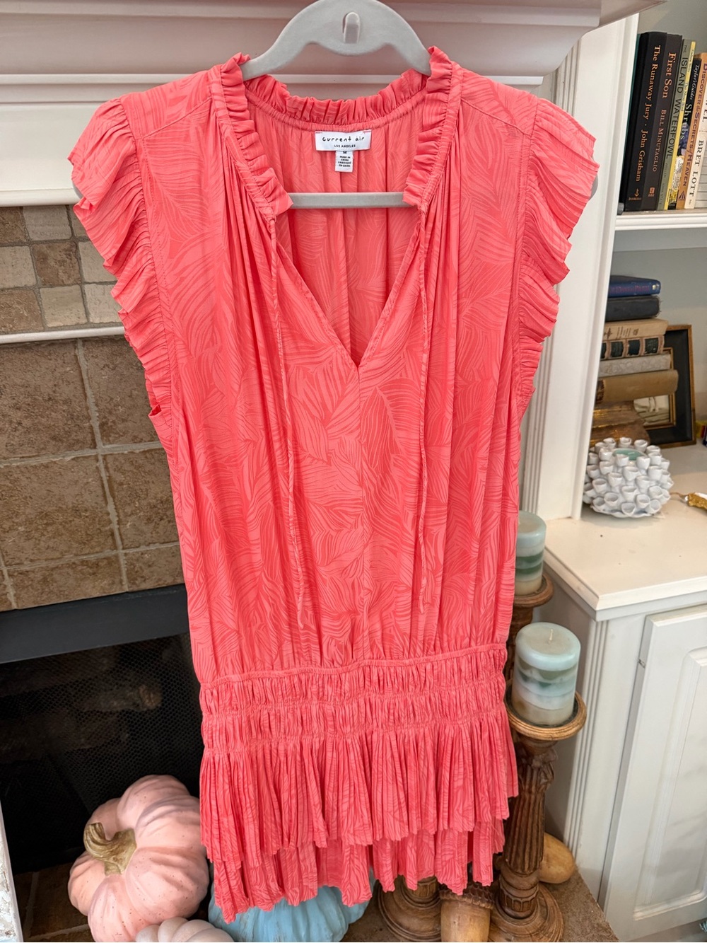 Current Air Ruffle Tiered Pleated Dress leaf coral M